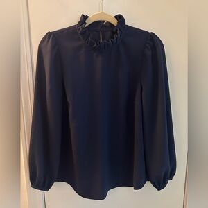 J. CREW Women's Navy Ruffle Neck Long Sleeve Top